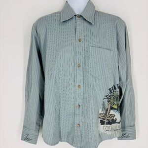 Men's Blue Tattoo Jeans Havana Cuba Graphic Shirt Striped Button-Up USA Size: M